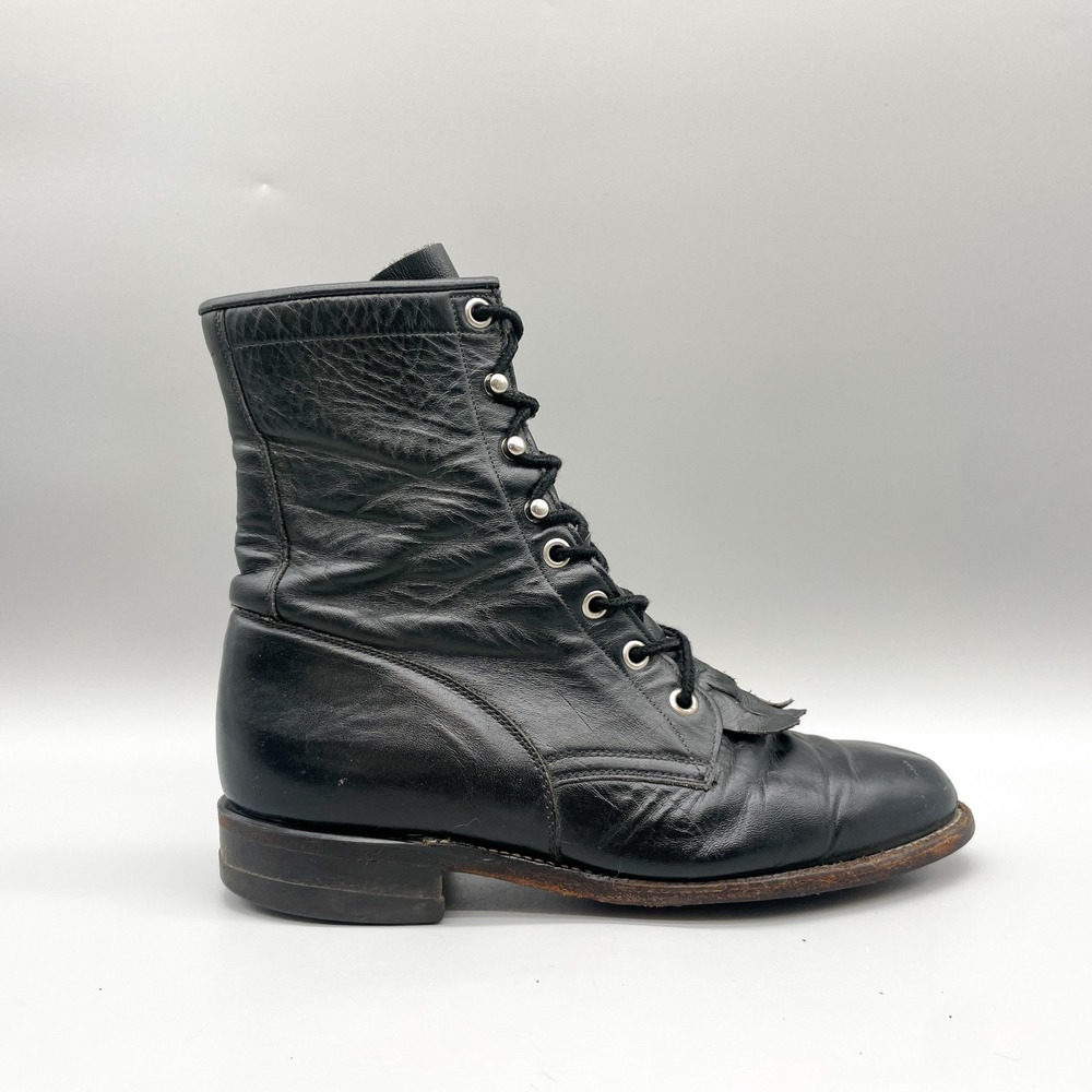 Justin Womens 6 C Kiltie Boots Black Leather Lace Up Western Gowgirl Goth USA